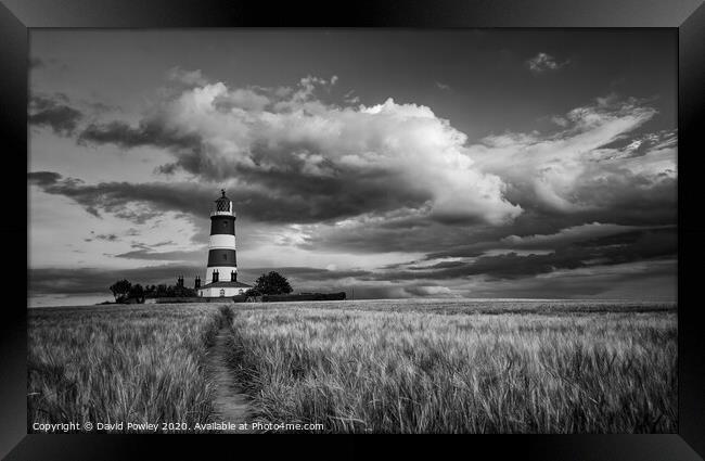 Evening light at Happisburgh Lighthouse Monochrome Framed Print by David Powley