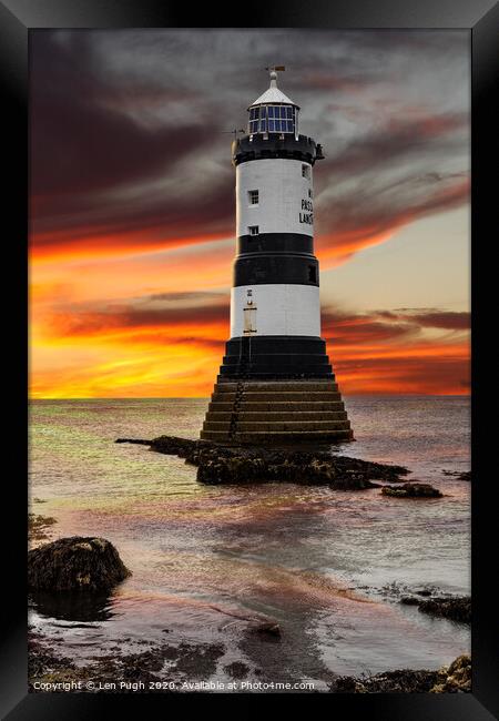 Penmon Point Lighthouse at Sunset Framed Print by Len Pugh