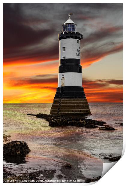 Penmon Point Lighthouse at Sunset Print by Len Pugh