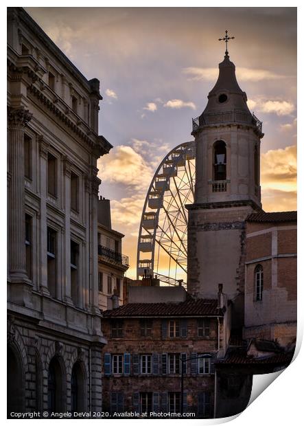 Ferris Wheel and sunset in Marseille Print by Angelo DeVal