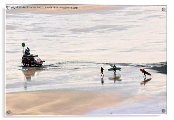 Surfers on woolacombe beach Acrylic by Avril Harris