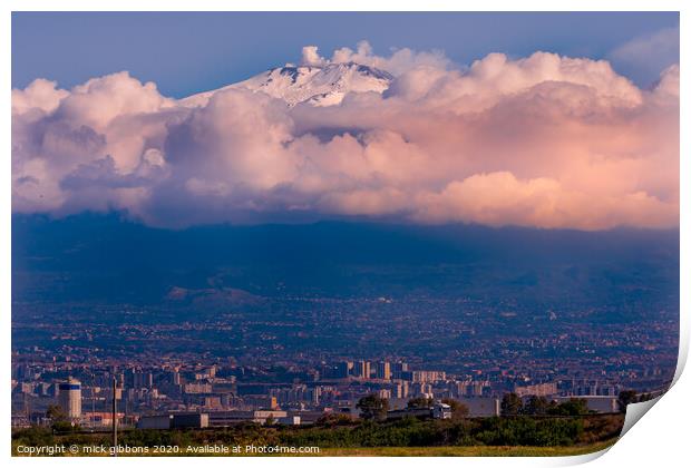 Mount Etna towering over a City Print by mick gibbons