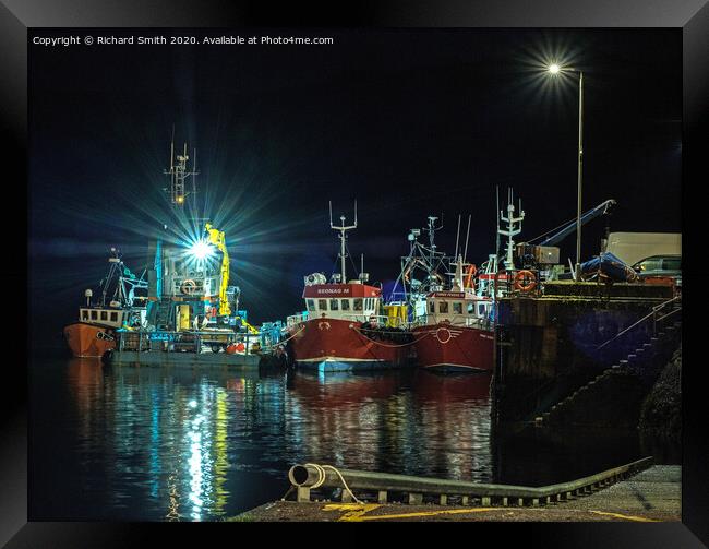 Workboat and Trawlers moored to Portree pier at night. Framed Print by Richard Smith