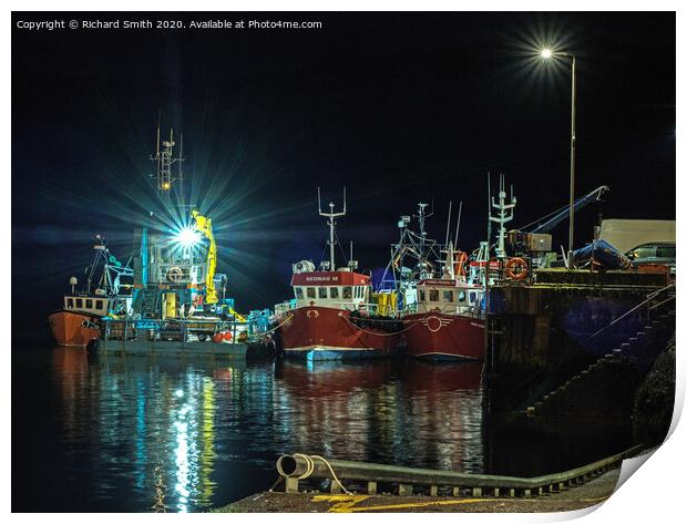 Workboat and Trawlers moored to Portree pier at night. Print by Richard Smith