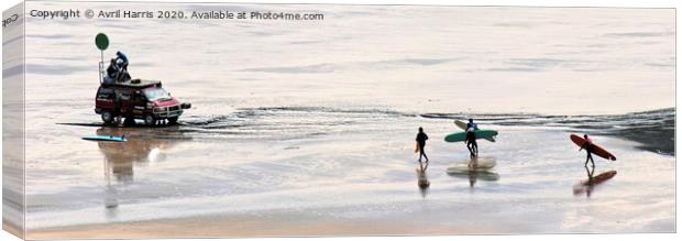 Woolacombe beach surfers. Canvas Print by Avril Harris
