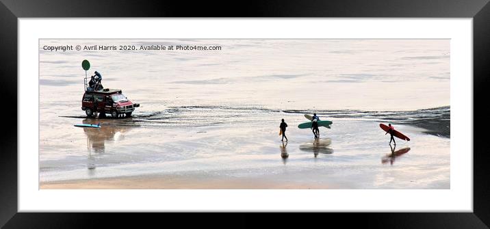 Woolacombe beach surfers. Framed Mounted Print by Avril Harris