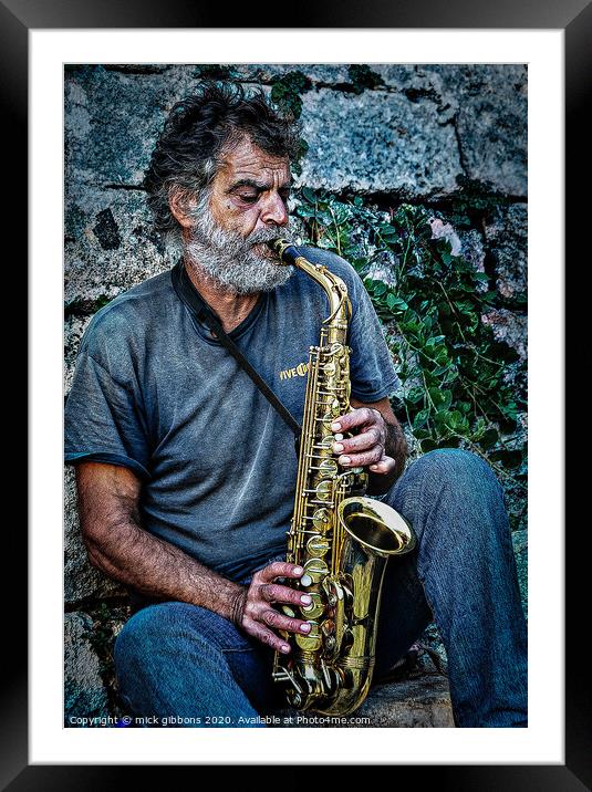 Busting a tune on the saxophone Framed Mounted Print by mick gibbons