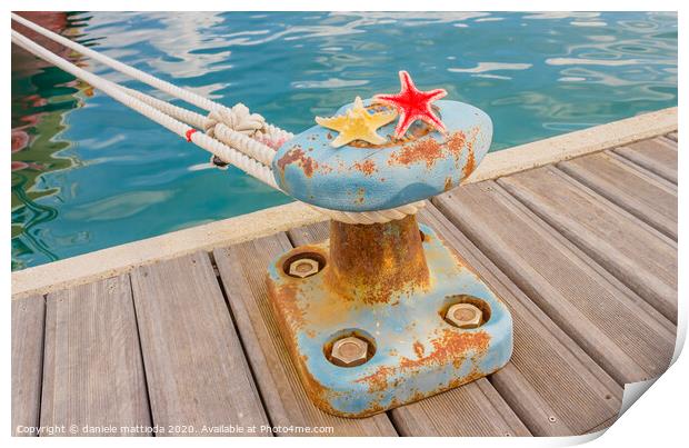 detail of a bollard with two starfishes and a rope Print by daniele mattioda