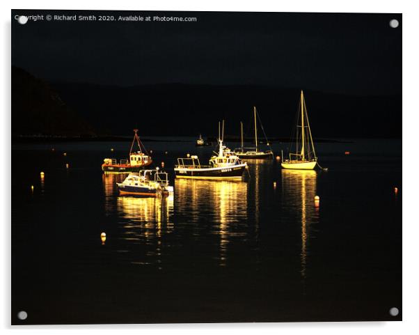 A selection of sea vessels moored in Loch Portree overnight. Acrylic by Richard Smith