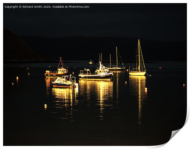 A selection of sea vessels moored in Loch Portree overnight. Print by Richard Smith