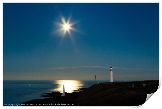 Scurdieness Lighthouse in moonlight Print by Douglas Kerr