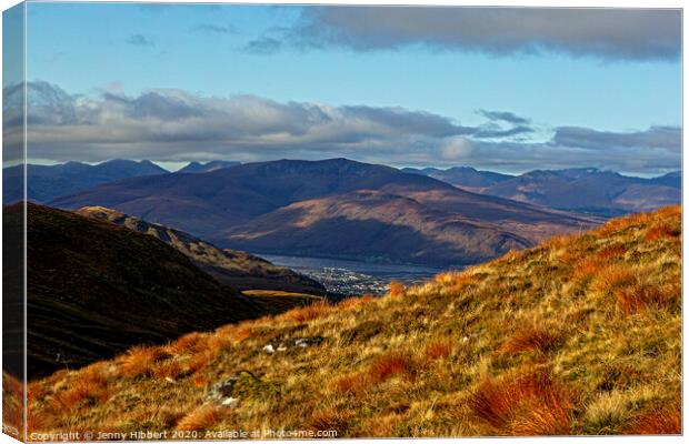 Looking across the hills and lochs of Lochabar from Aonach Mor Canvas Print by Jenny Hibbert