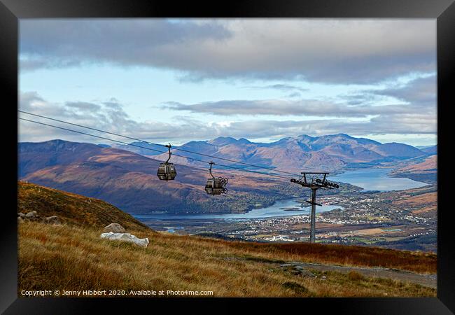 Cable pods with mountain bikes heading up to Aonach Mor Framed Print by Jenny Hibbert