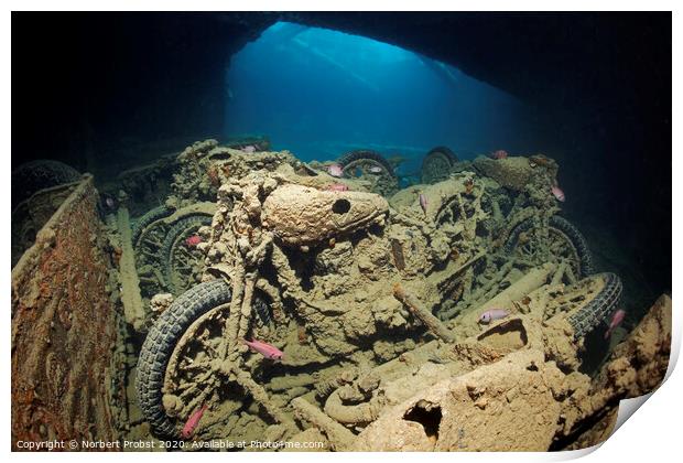 Motor cycles load at the Thistlegorm shipwreck Print by Norbert Probst