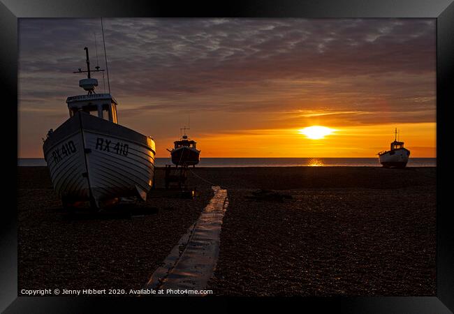 Three old boats on Dungeness beach as dawn rises Framed Print by Jenny Hibbert