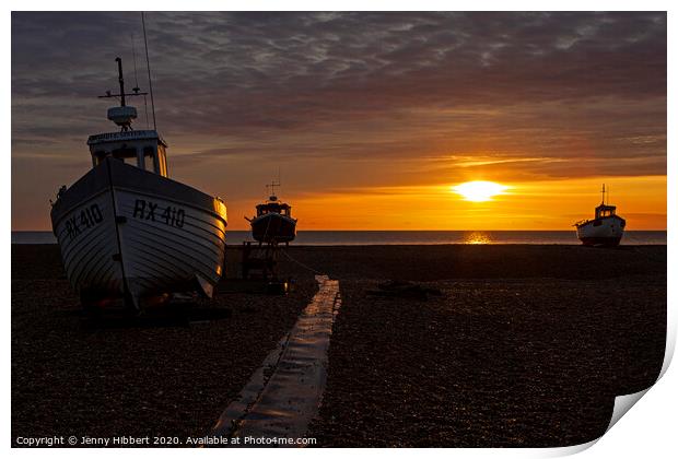 Three old boats on Dungeness beach as dawn rises Print by Jenny Hibbert