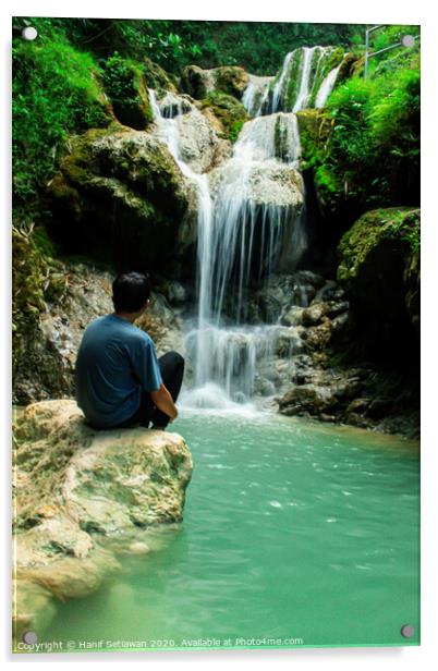 Young man enjoys the waterfall Mudal 2 Acrylic by Hanif Setiawan