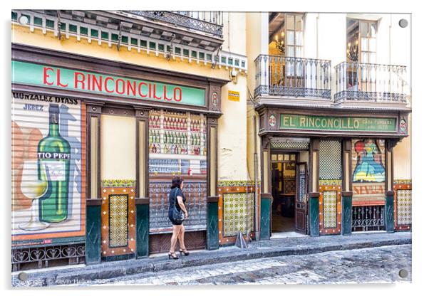 Woman walking past El Rinconcillo bar. Acrylic by Kevin Hellon