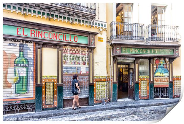 Woman walking past El Rinconcillo bar. Print by Kevin Hellon
