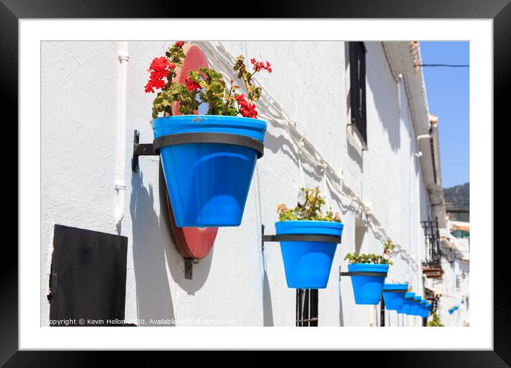 Blue plantpots against whitewashed walls Framed Mounted Print by Kevin Hellon