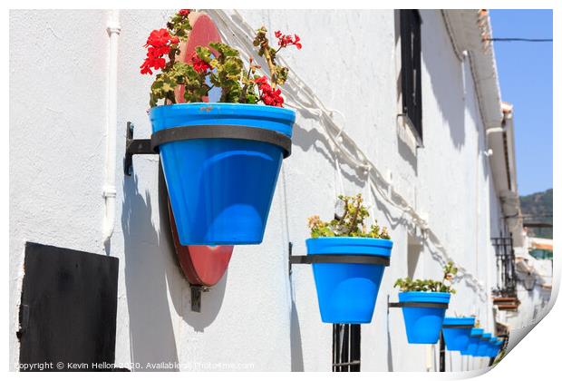 Blue plantpots against whitewashed walls Print by Kevin Hellon