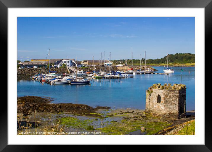 A small medieval stone tower at Ardglass Harbour Framed Mounted Print by Michael Harper