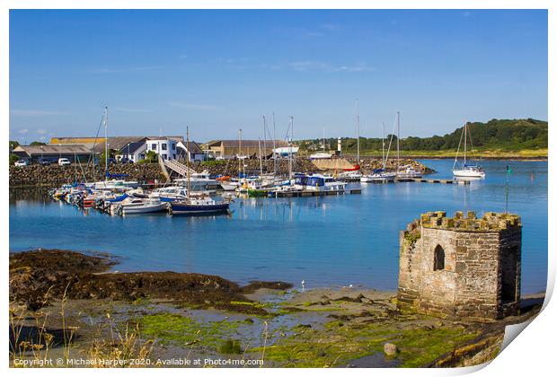 A small medieval stone tower at Ardglass Harbour Print by Michael Harper