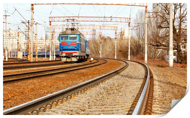 Multichannel railway tracks with a turn for the passage of electric trains. Print by Sergii Petruk