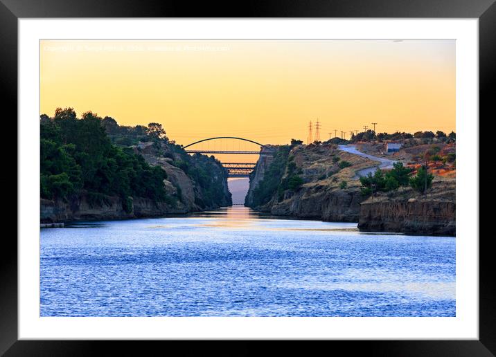 View of the transport bridges over the Corinth Canal in Greece against the morning light of the beginning day. Framed Mounted Print by Sergii Petruk