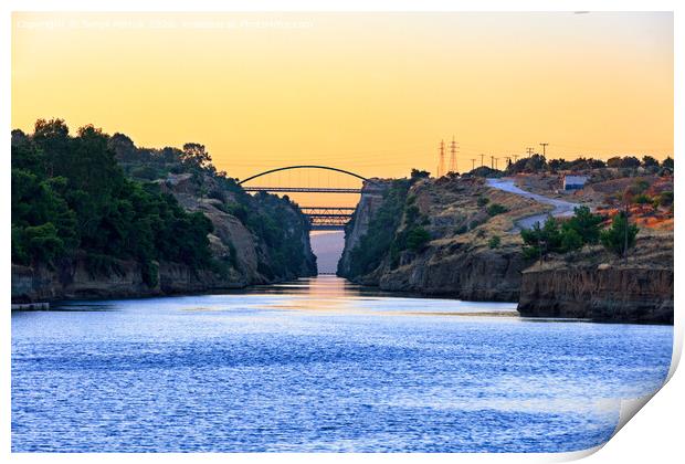 View of the transport bridges over the Corinth Canal in Greece against the morning light of the beginning day. Print by Sergii Petruk