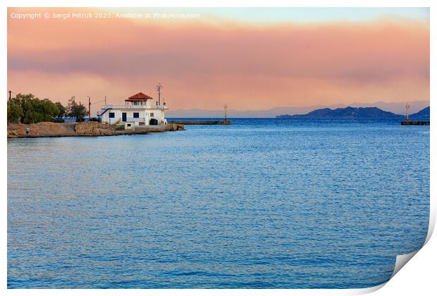 Access to the sea from the Corinth Canal and horizon in the morning haze of the sea, image with copy space. Print by Sergii Petruk