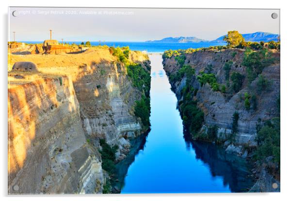 Aerial view of the Corinth Canal in Greece, the shortest European canal 6.3 km long, connecting the Aegean and Ionian Seas. Acrylic by Sergii Petruk