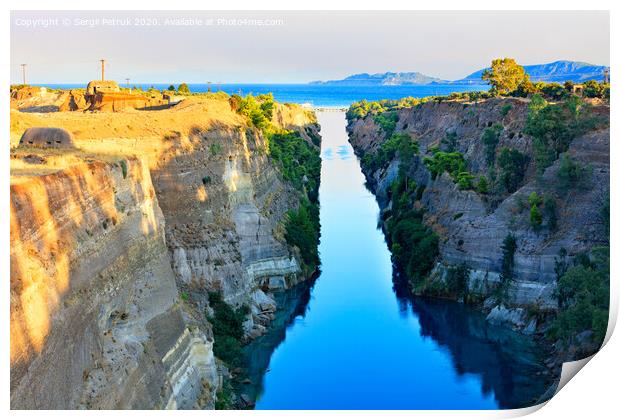 Aerial view of the Corinth Canal in Greece, the shortest European canal 6.3 km long, connecting the Aegean and Ionian Seas. Print by Sergii Petruk