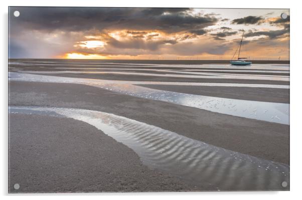 Moels Wirral lone yacht sunset Acrylic by Jonathon barnett