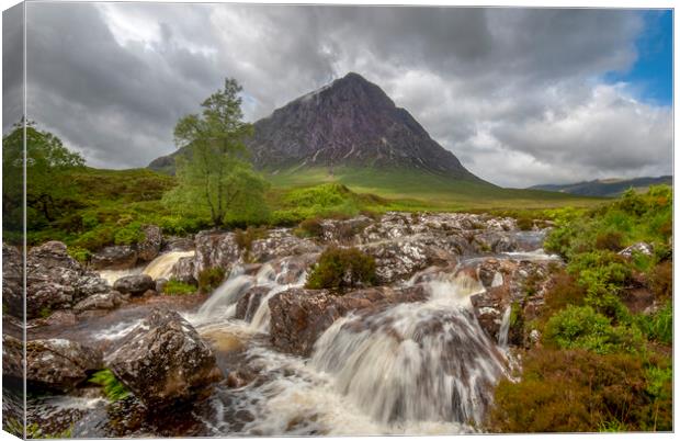 The river coupall waterfall and Buachaille Etive Mor  Canvas Print by Eddie John