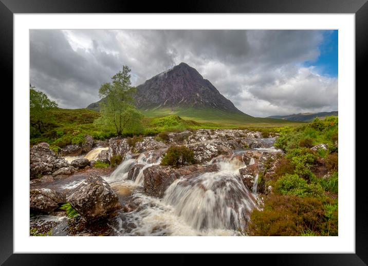 The river coupall waterfall and Buachaille Etive Mor  Framed Mounted Print by Eddie John