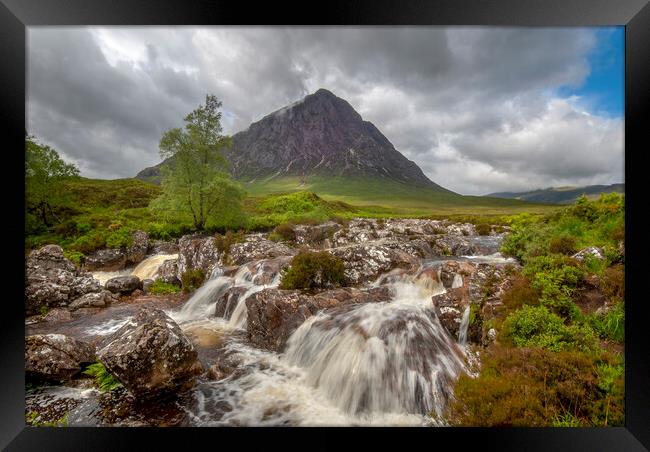 The river coupall waterfall and Buachaille Etive Mor  Framed Print by Eddie John
