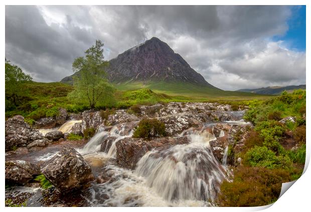 The river coupall waterfall and Buachaille Etive Mor  Print by Eddie John