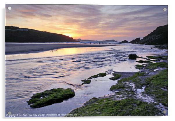 Porth Beach at Sunset Acrylic by Andrew Ray