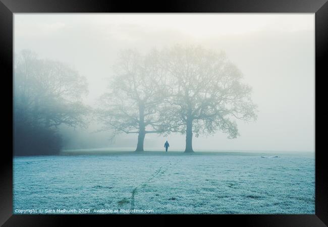 Frosty morning walk in the fog Framed Print by Sara Melhuish