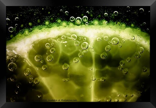 Lime slice in fizzy water Framed Print by Simon Bratt LRPS