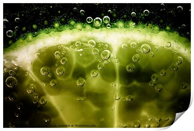 Lime slice in fizzy water Print by Simon Bratt LRPS