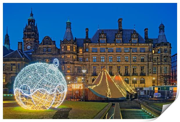 Sheffield Town Hall & Peace Gardens at Christmas Print by Darren Galpin