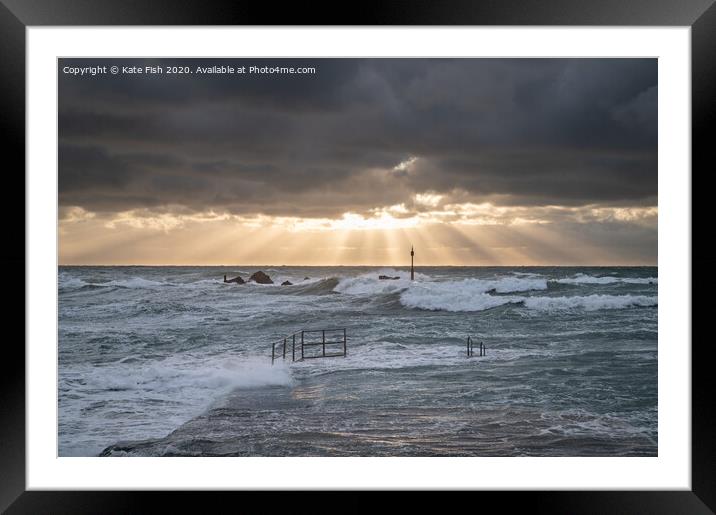 Dramatic waves at Bude sea pool at sunset Framed Mounted Print by Kate Fish