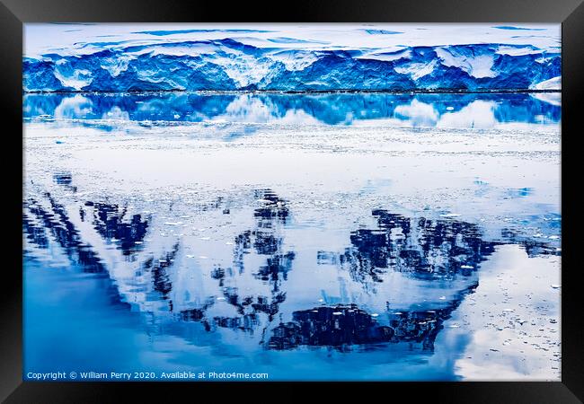 Snow Mountains Blue Glaciers Refection Dorian Bay Antarctica Framed Print by William Perry