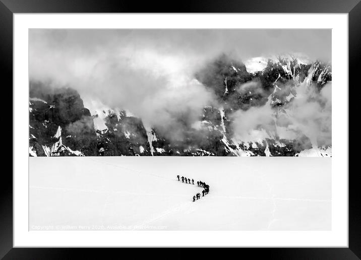 Black and White Showshoers Hikers Snow Mountains Damoy Point Ant Framed Mounted Print by William Perry