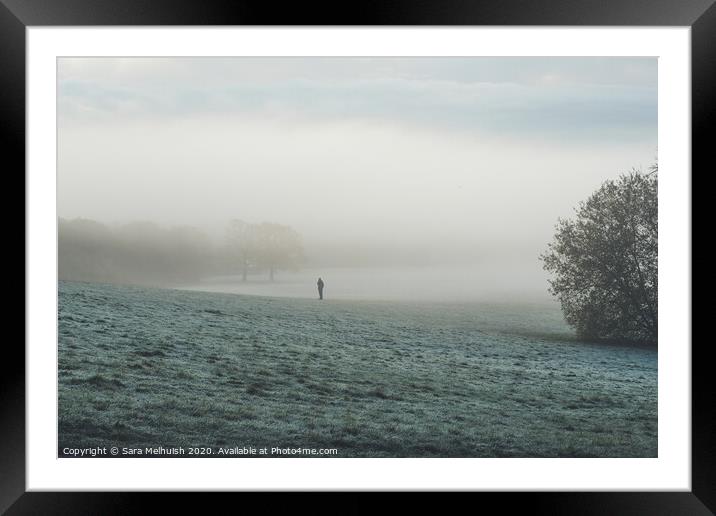 A solitary wander through the misty meadow  Framed Mounted Print by Sara Melhuish