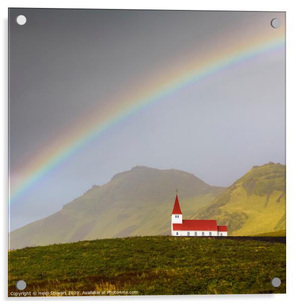 Rainbow Over Vik Church in Iceland Acrylic by Heidi Stewart