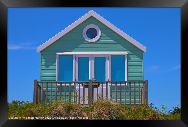 Blue Beach Hut at Hengistbury Head Framed Print by Simon Marlow
