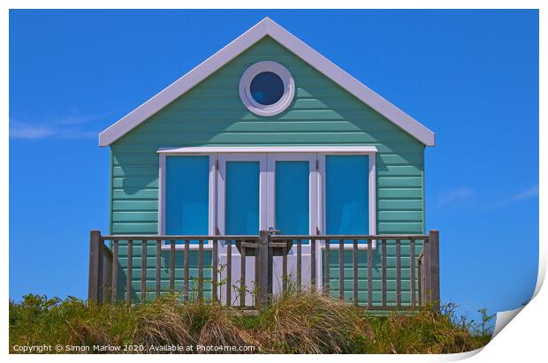 Blue Beach Hut at Hengistbury Head Print by Simon Marlow